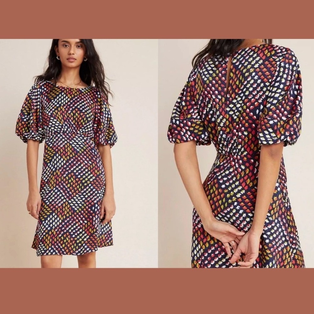 Anthropologie Maeve Size 8 Melody Mini Dress Floral Ballon Sleeve Pockets Retro